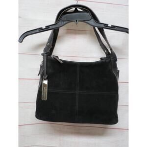 Tignanello Leather Suede Black Shoulder Bag w/ Side Zipper Expansion Expandable